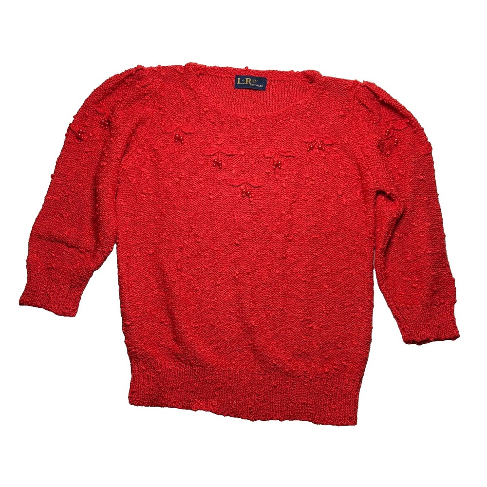 Vtg 80s LeRoy Knitwear Sweater Womens M Red Beaded 3/4 Sleeve Retro Grandmacore